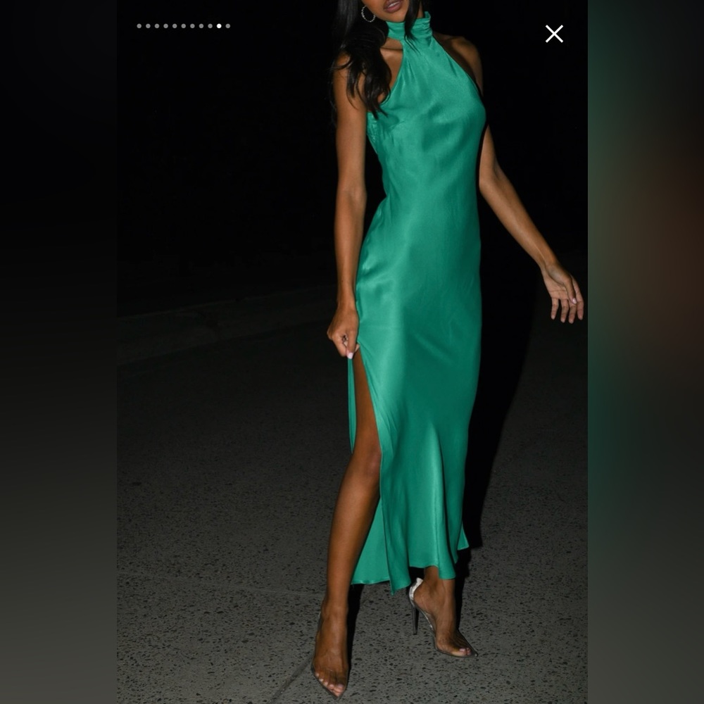 MESHKI - CLAIRE Satin Drape Back Maxi Dress with Split - Green - Size SMALL